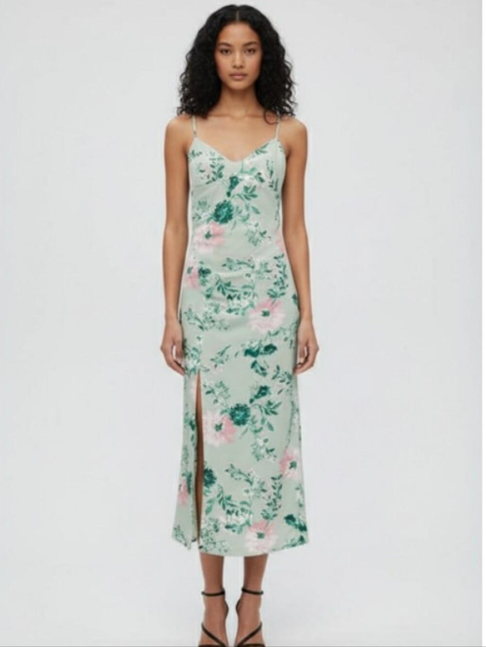 Zara Linen Floral Dress Midi With Slit Adjustable Straps Draped Waist